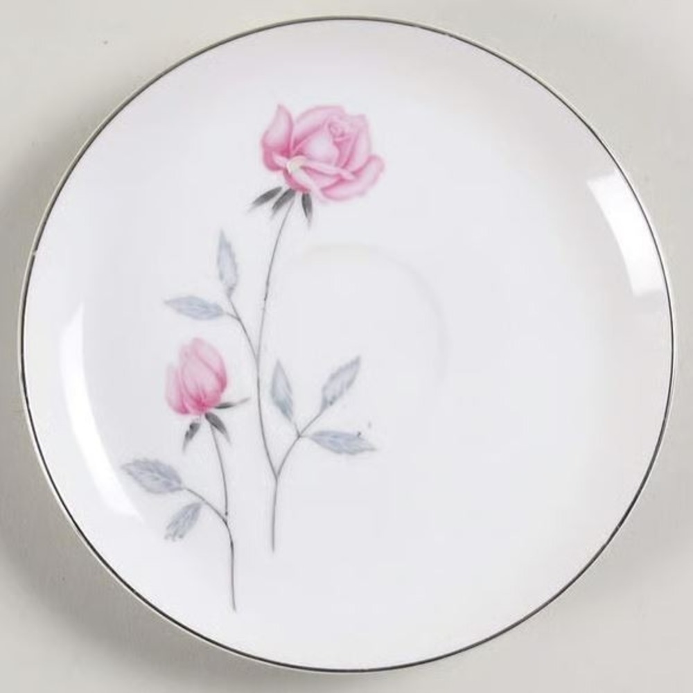 Belair‎ by Nasco Japan 6 Saucer Pink Rose Gray Leaves Silver Trim